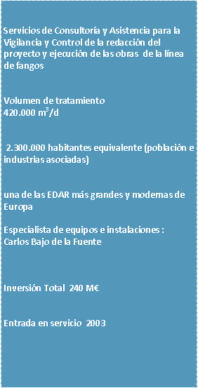 Cuadro de texto: Servicios de Consultora y Asistencia para la Vigilancia y Control de la redaccin del proyecto y ejecucin de las obras  de la lnea de fangosVolumen de tratamiento  420.000 m3/d 2.300.000 habitantes equivalente (poblacin e industrias asociadas)una de las EDAR ms grandes y modernas de EuropaEspecialista de equipos e instalaciones :Carlos Bajo de la FuenteInversin Total  240 MEntrada en servicio  2003

