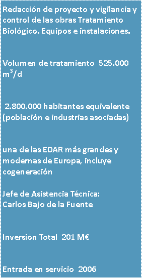 Cuadro de texto: Redaccin de proyecto y vigilancia y control de las obras Tratamiento Biolgico. Equipos e instalaciones.Volumen de tratamiento  525.000 m3/d 2.800.000 habitantes equivalente (poblacin e industrias asociadas)una de las EDAR ms grandes y modernas de Europa, incluye cogeneracinJefe de Asistencia Tcnica:Carlos Bajo de la FuenteInversin Total  201 MEntrada en servicio  2006